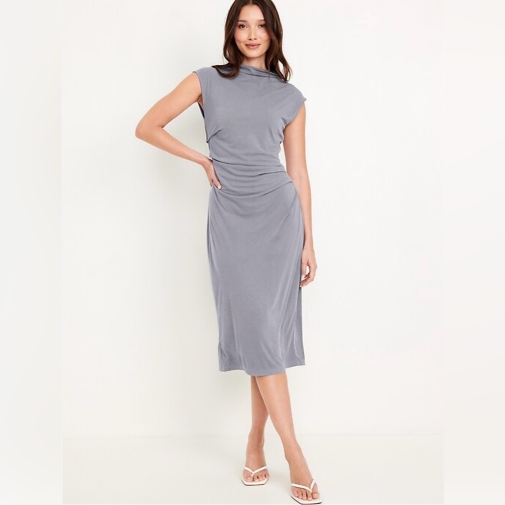 NEW Old Navy Asymmetrical Midi Bodycon Gray Dress XXL Ribbed Soft Ruched Sides